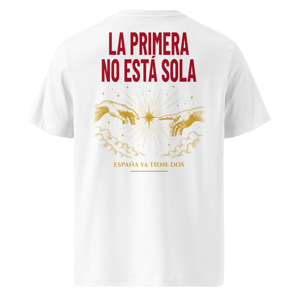 Camiseta blanca La Segunda Estrella, vista trasera con ilustración roja y dorada