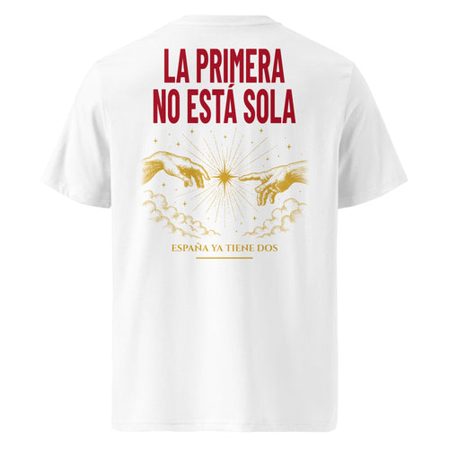 Camiseta blanca La Segunda Estrella, vista trasera con ilustración roja y dorada