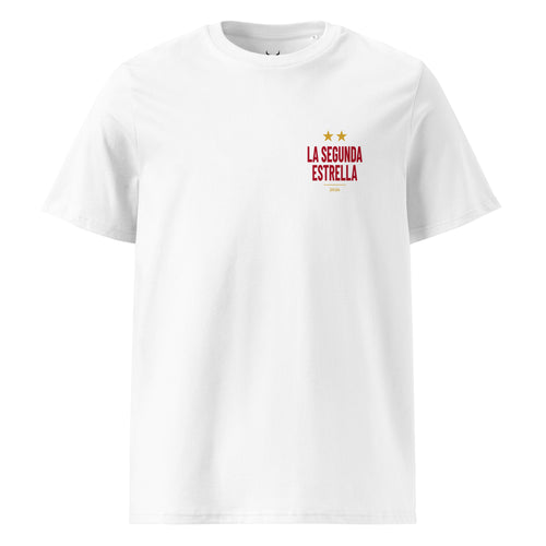 Camiseta blanca La Segunda Estrella, vista frontal con diseño pequeño en el pecho